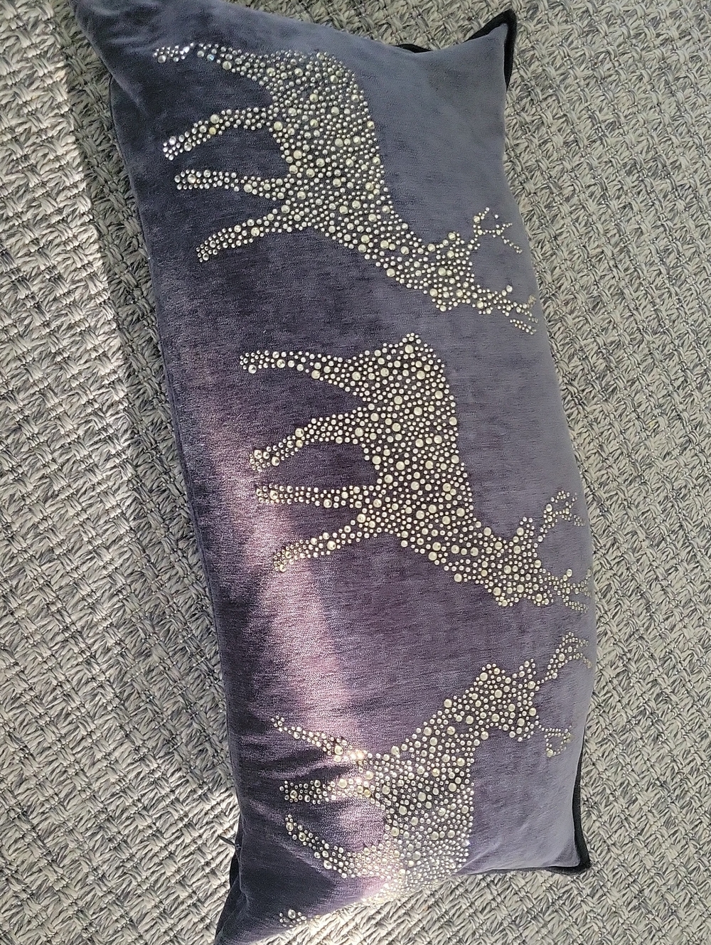 Embellished Gray Velvet Raindeer Pillow 10X23
